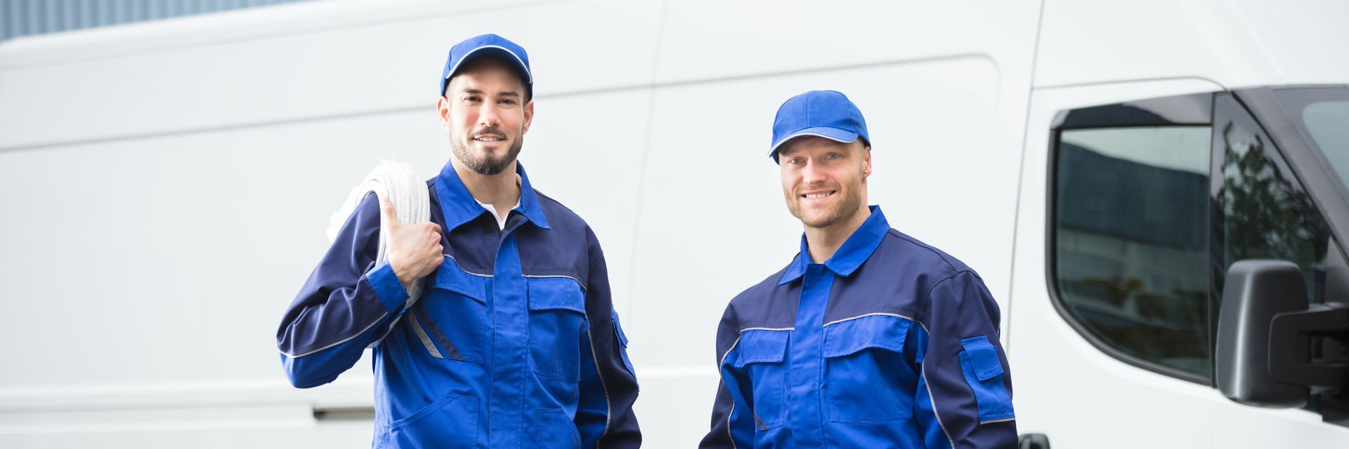 Cable technician and installation technician standing together in blue uniforms outside of a white w