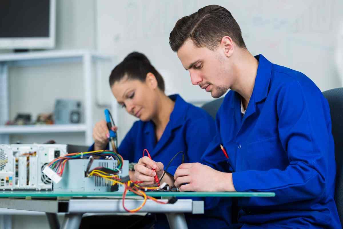 Two electricians continuing their education by taking hands-on supplemental courses to keep their skills sharp  at Walker Electric near Lexington, KY