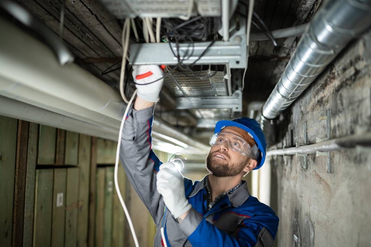 Electrician in a blue hardhat working with various wires in a small space at Walker Electric near Lexington, KY