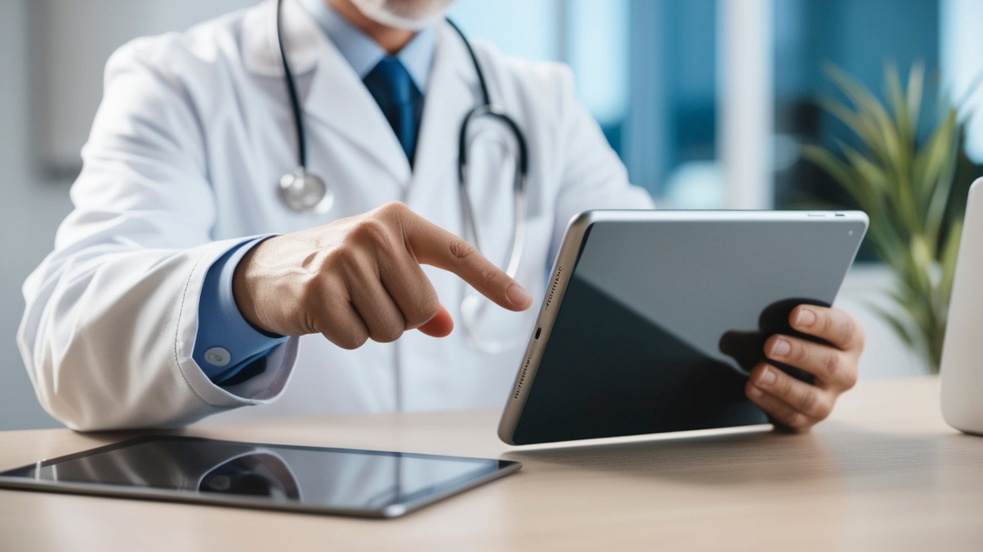 Doctor in white coat using a tablet at a desk, looking at the screen.