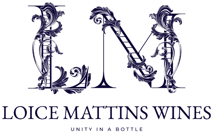 Loice Mattins Wines logo with ornate blue LMW monogram and “Unity in a Bottle” tagline