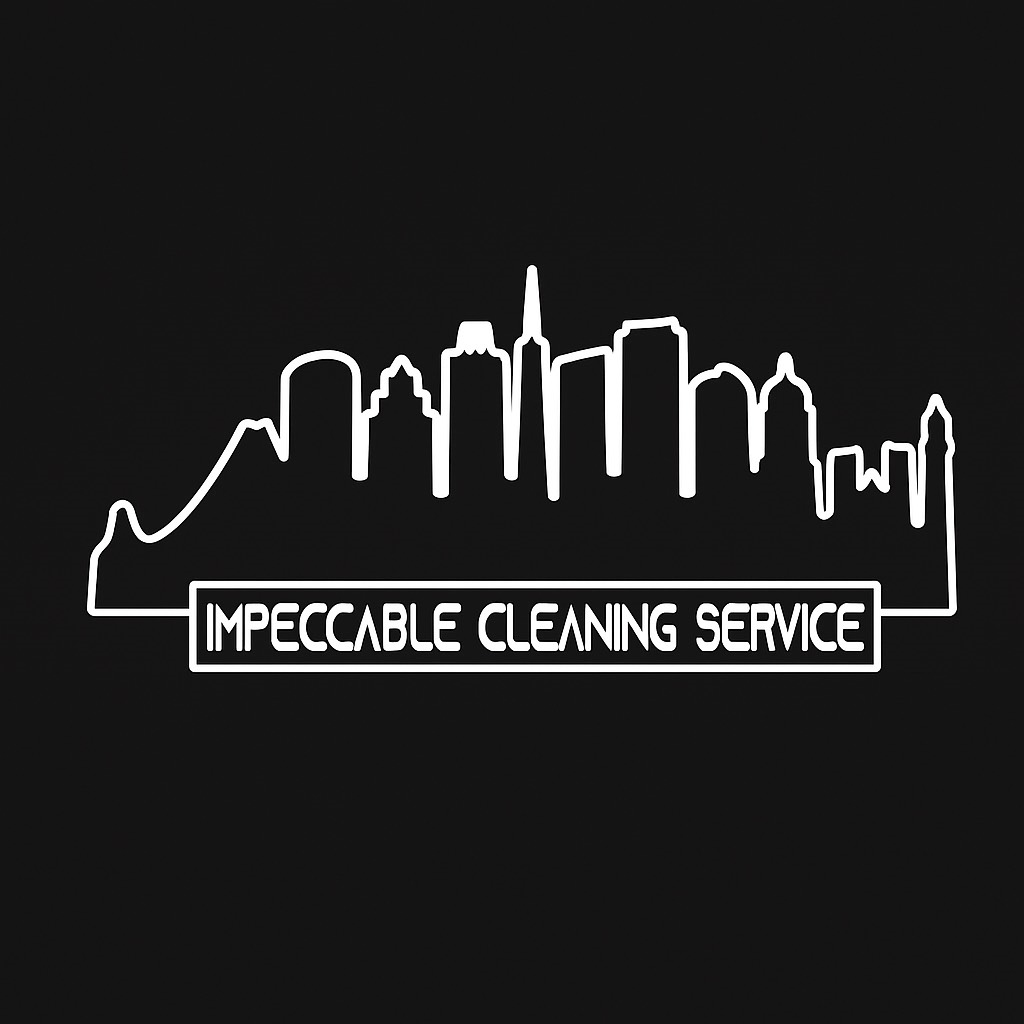 White outline of a city skyline above "Impeccable Cleaning Service" on a black background.