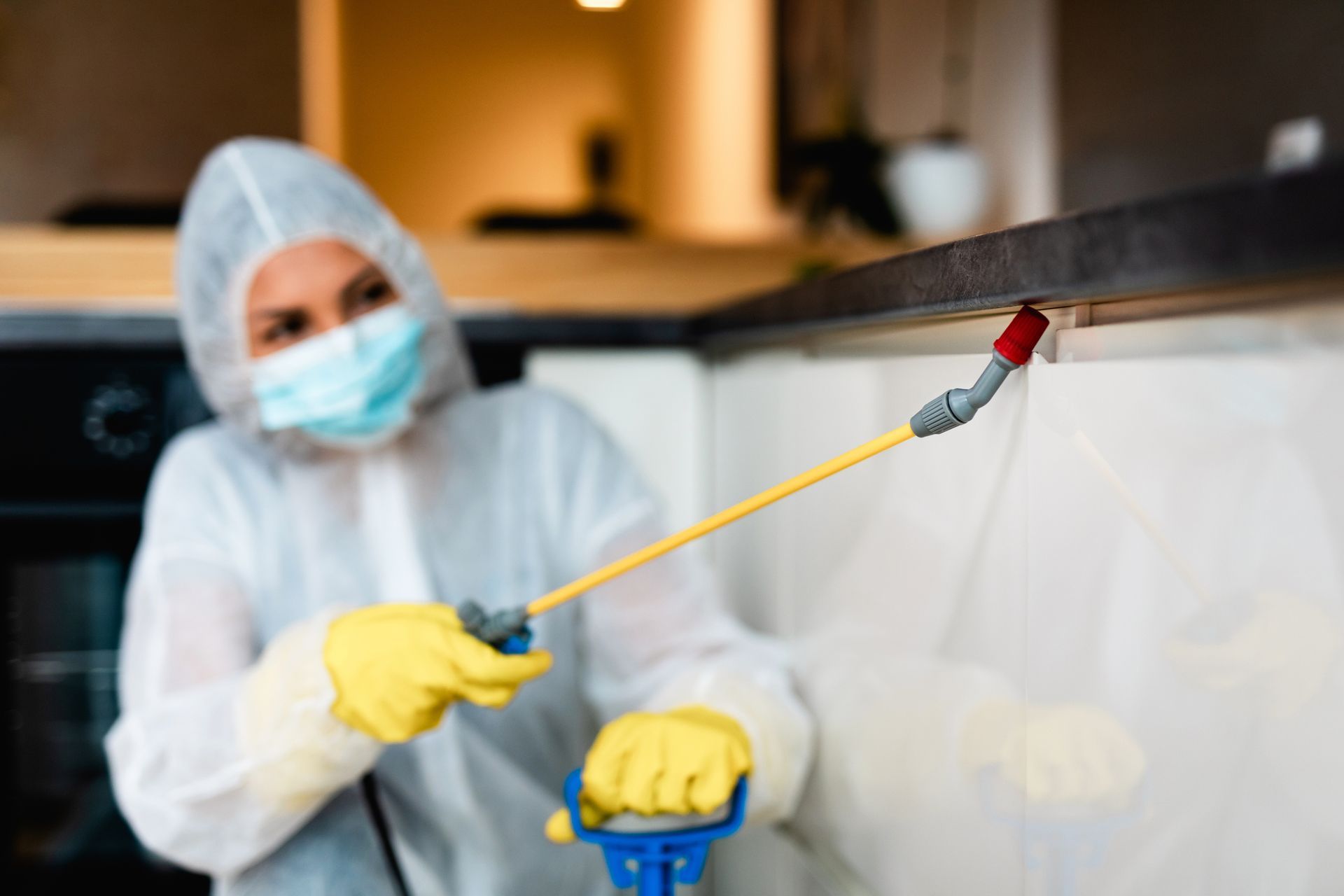A female pest control worker sprays chemical near kitchen counter for sanitation.