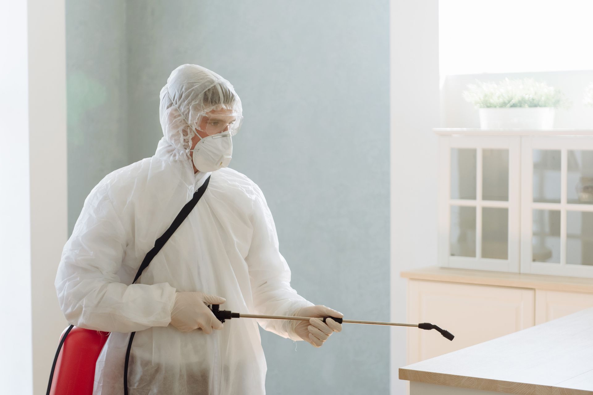 A man is spraying pesticide in a home.
