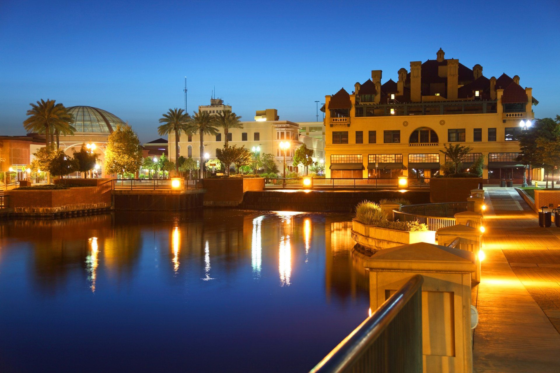 Night view of a city waterfront with buildings and palm trees illuminated by streetlights, reflected in the dark water.