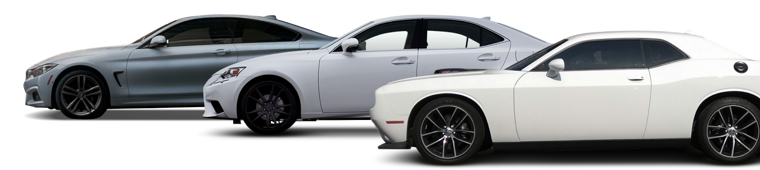 Three cars are parked next to each other on a white background.