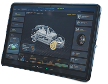 A tablet with a picture of a car on the screen.