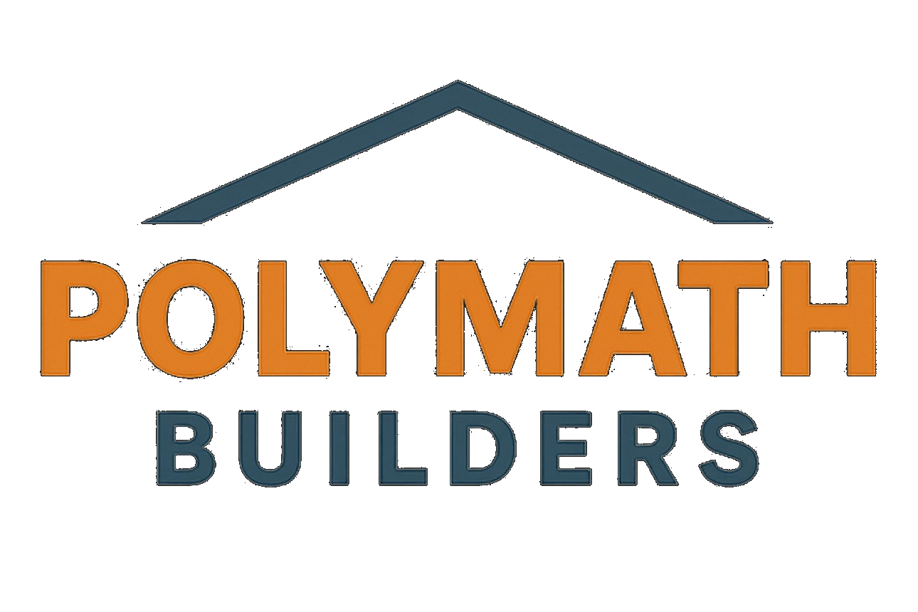 Logo: orange "POLYMATH" over blue "BUILDERS," with a blue roof silhouette.