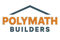 Logo: orange "POLYMATH" over blue "BUILDERS," with a blue roof silhouette.