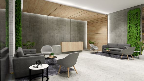 Modern waiting area with gray sofas, armchairs, wood accents, concrete walls, and a live plant wall.