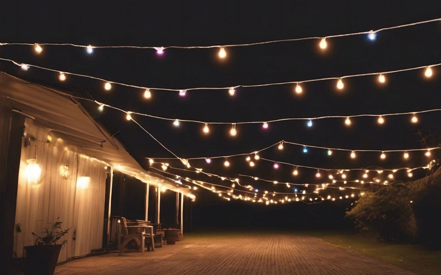 Barn exterior at night illuminated by strings of warm yellow and colorful lights.