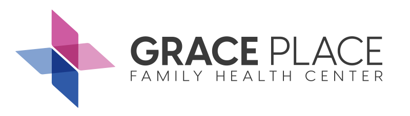 A logo for grace place family health center with a pink and blue arrow.