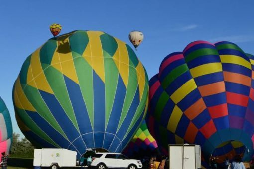 A group of hot air balloons are lined up in a field