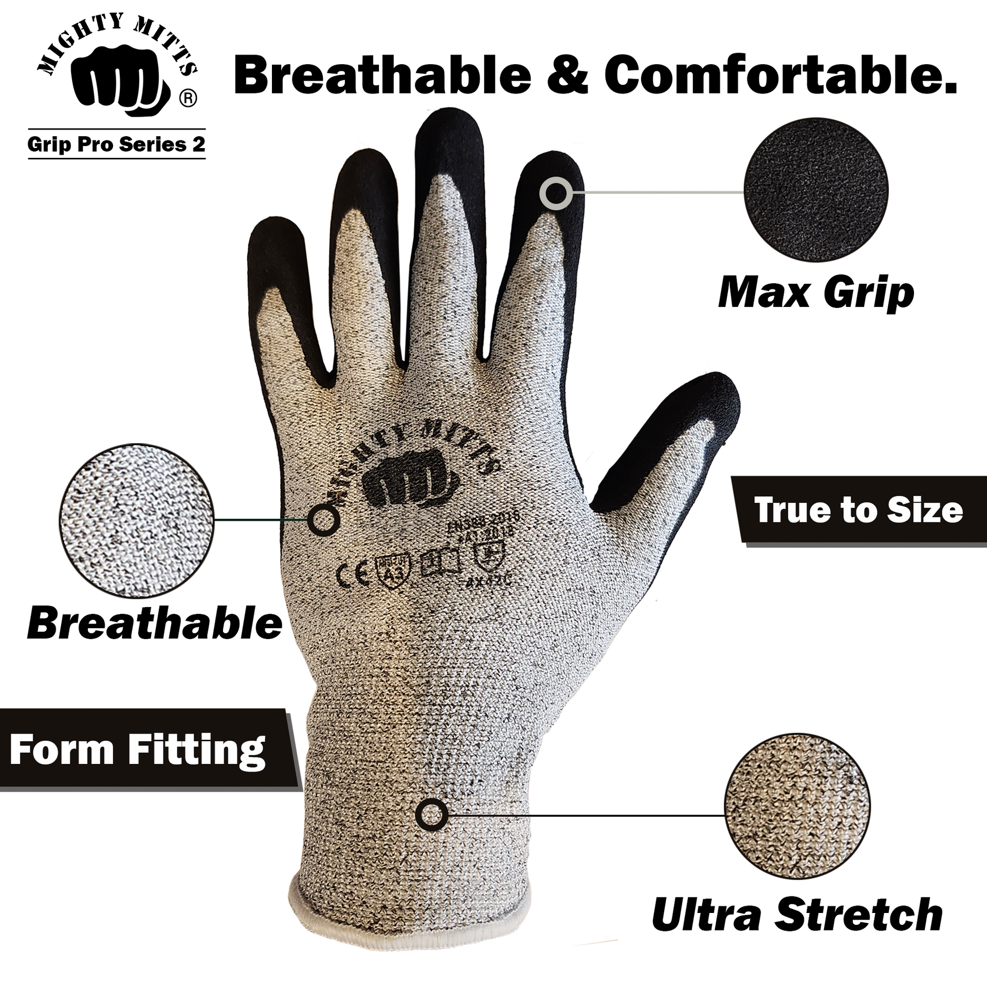 A pair of black and white gloves with the word safety on them