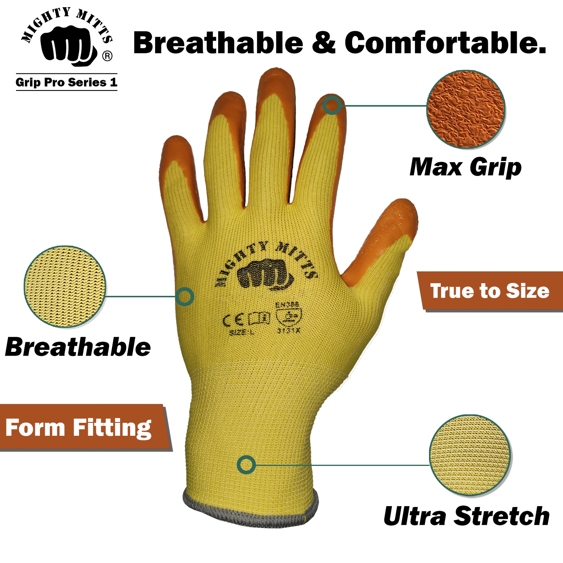 Mighty Mitts Protective Safety Work Gloves - Latex Crinkle Palm Coating.