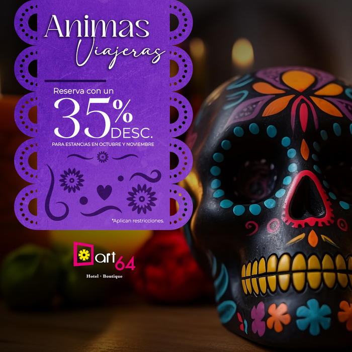 Una calavera colorida con un cartel morado que dice animas viajeras promocion 