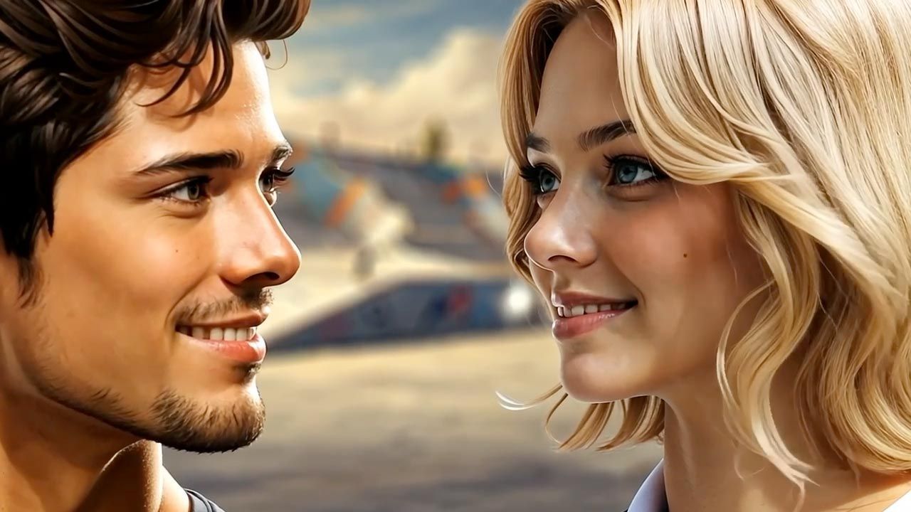 Smiling couple gazing at each other. Man with dark hair, woman with blonde. Blurred skatepark in background.