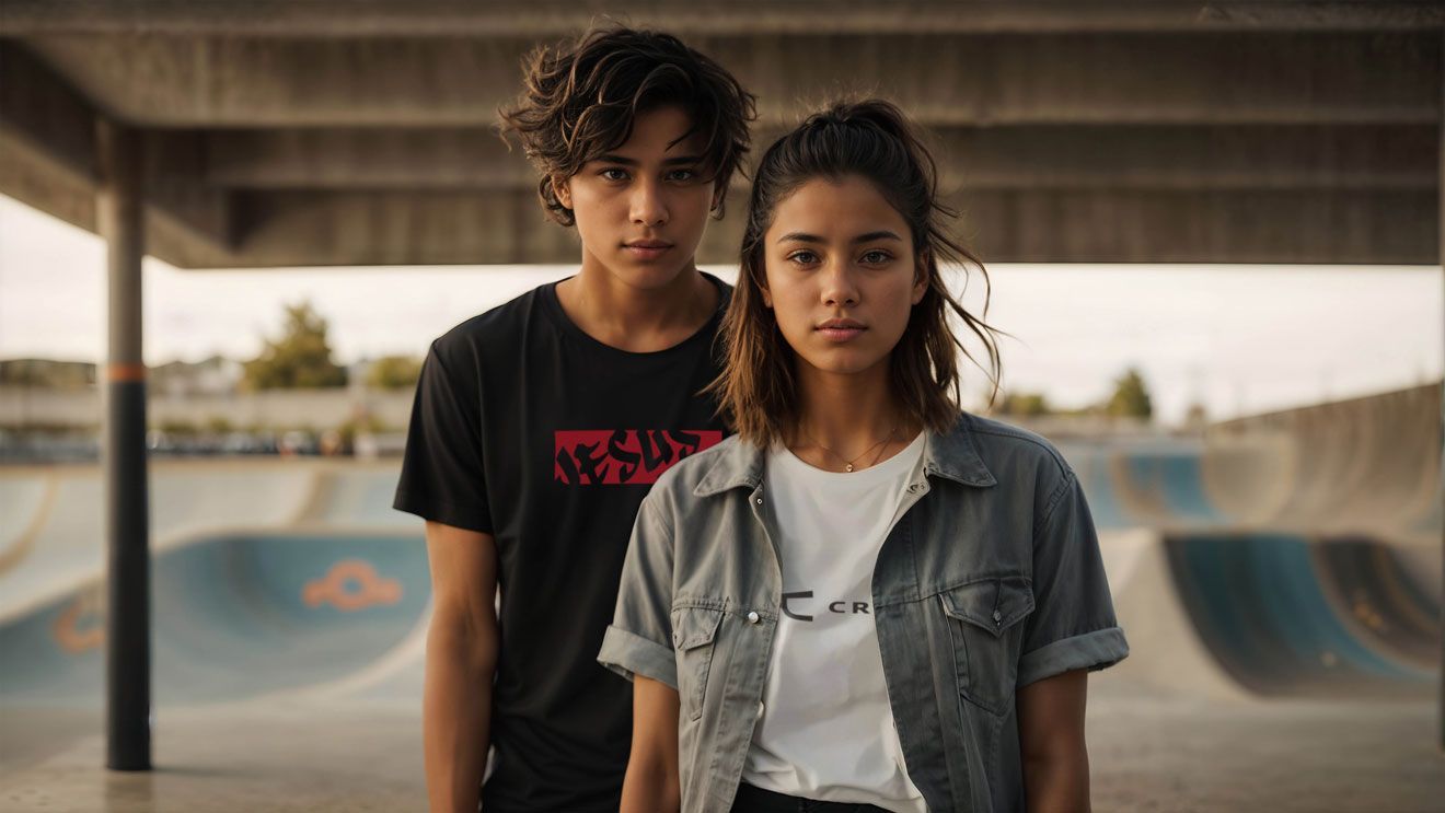 Teen couple standing in a skate park, looking at the camera.