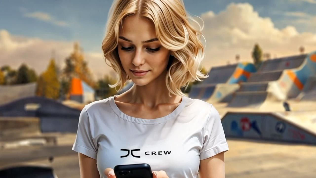 Blonde woman with bob hairstyle looks at her phone in a skatepark wearing a white t-shirt.
