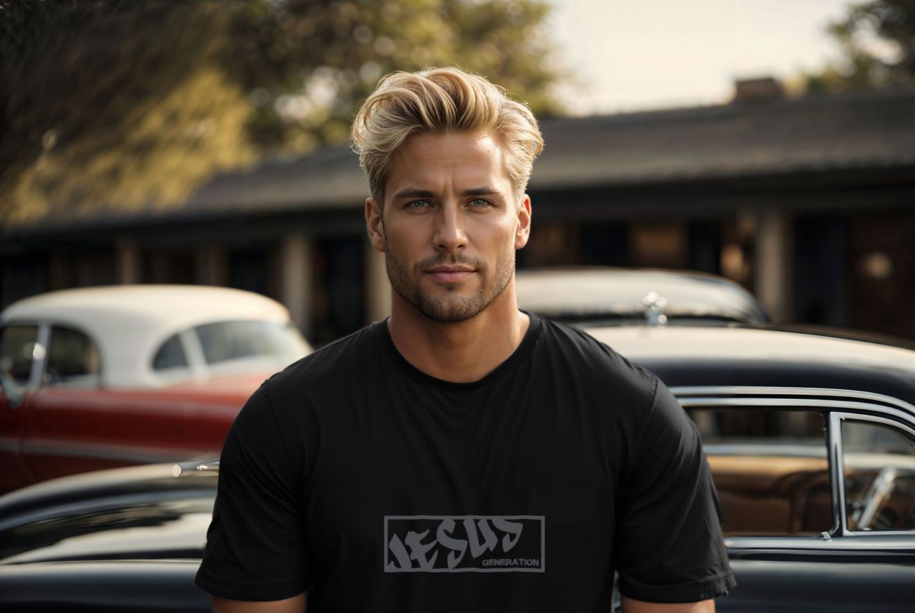 Blond man in black tee, standing by classic cars. Smiling outdoors.