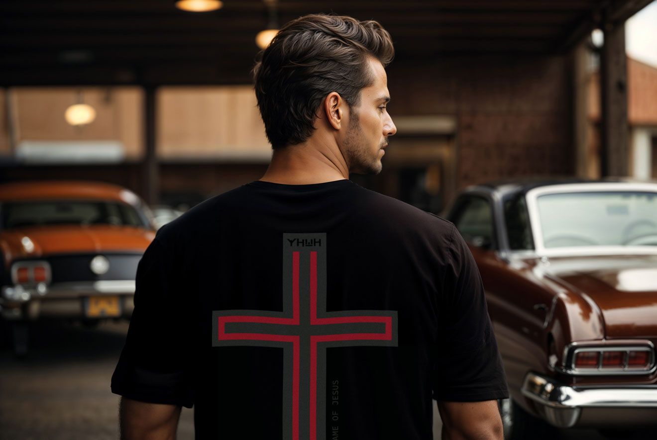 Man wearing black t-shirt with red cross on back, standing near classic cars.