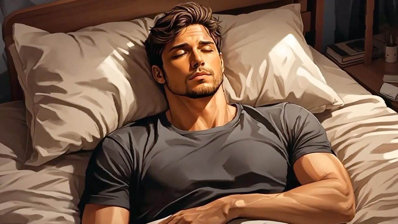 Man sleeping in bed, sunlit. Wearing a gray t-shirt, brown hair, and a beard.