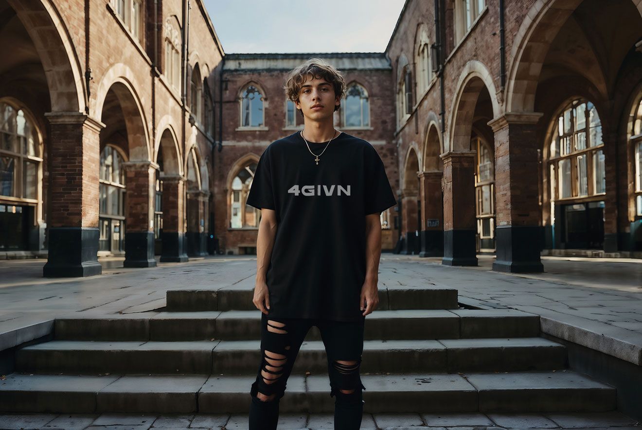 Young man in black t-shirt and ripped jeans stands on steps in front of an arched brick building.