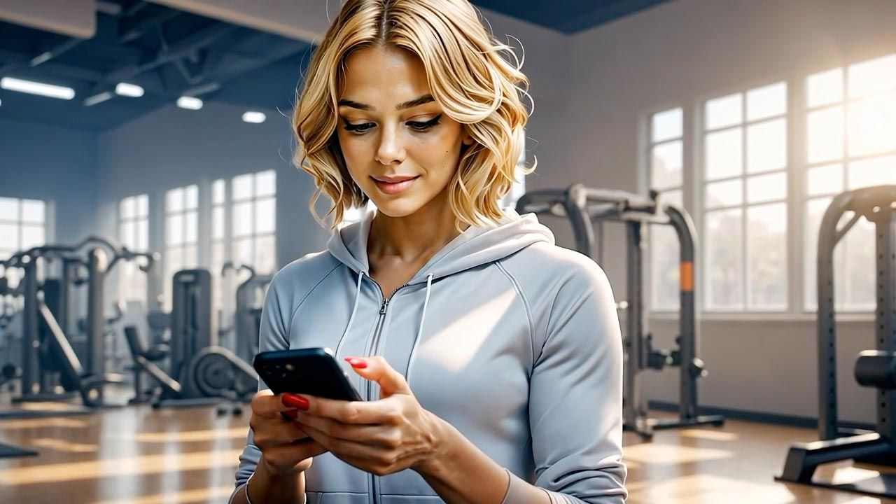 Woman in gym looking at her phone.