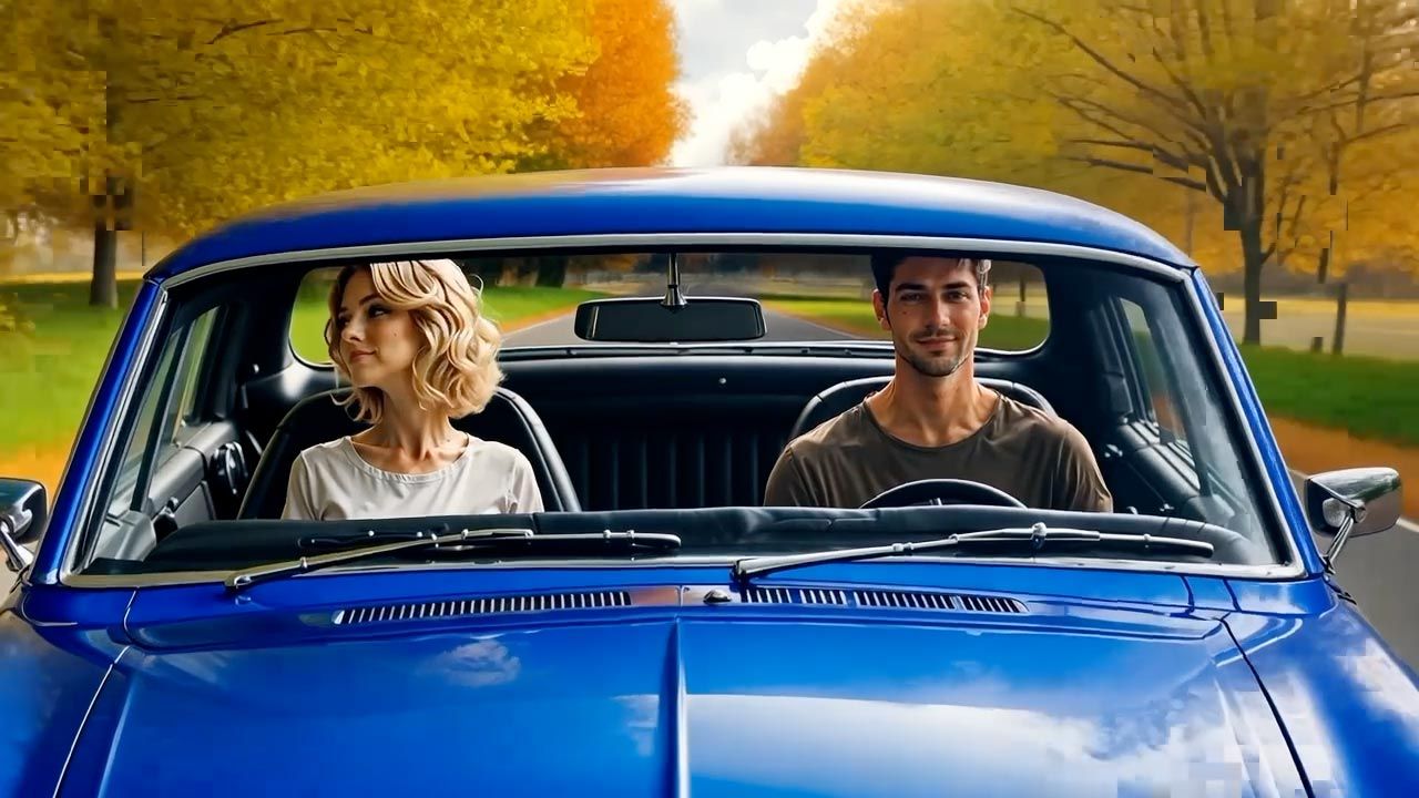 Man and woman in a blue vintage car driving down a road lined with colorful fall trees.