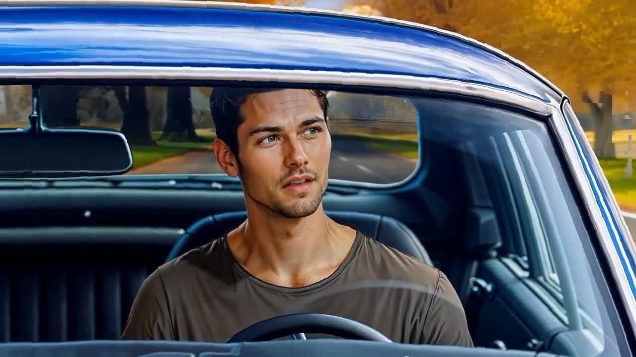 Man driving a blue car; looking ahead with a concerned expression; fall foliage in the background.