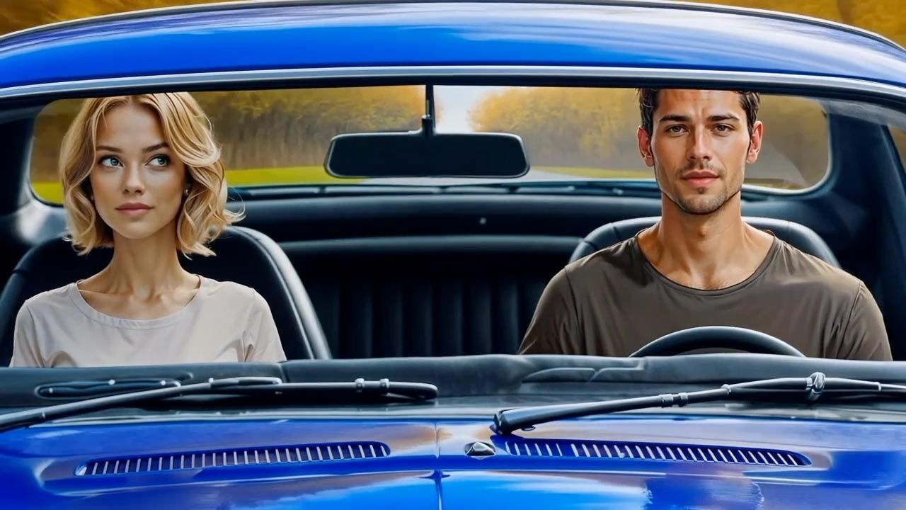 A woman and a man sit in a blue car; the man is driving, and both look forward.