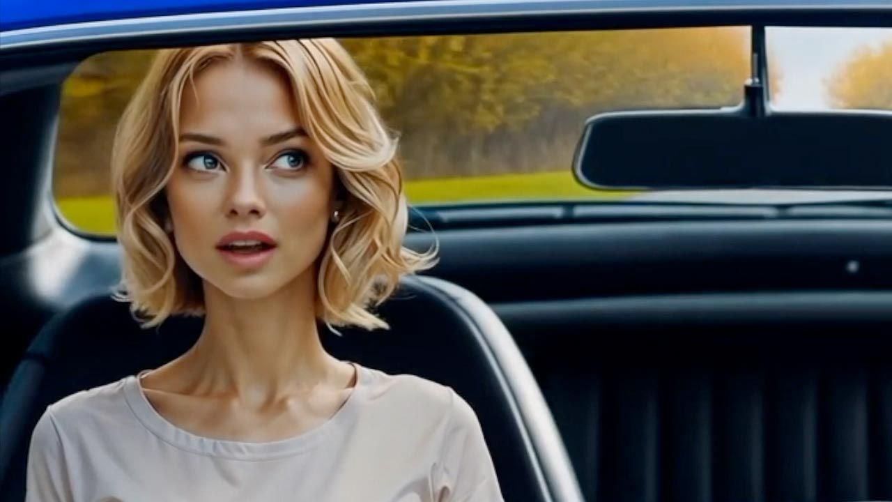 Blonde woman in a blue car looking surprised, outdoors with fall foliage in background.