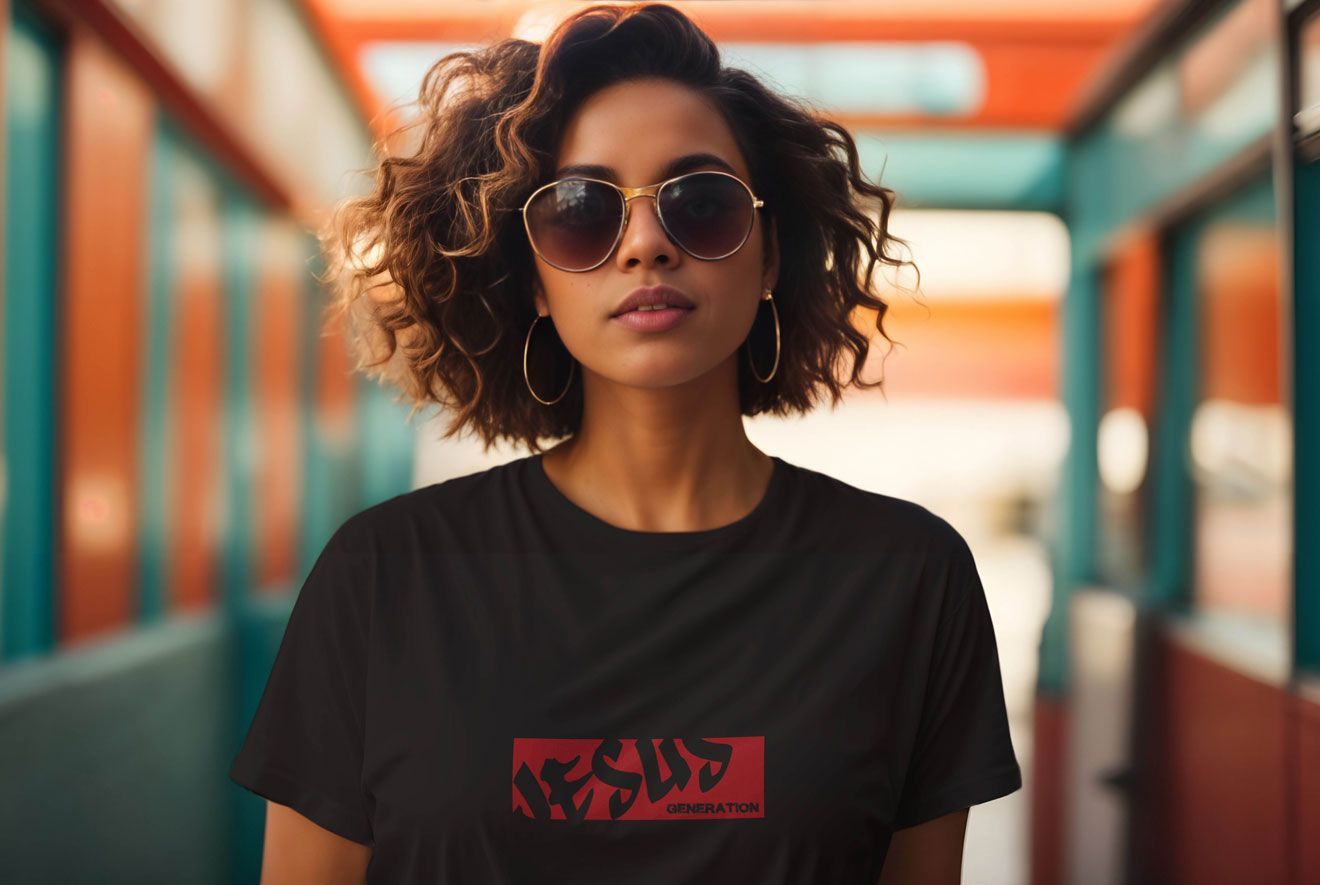 Woman in sunglasses and black t-shirt with red text, standing in a colorful hallway.