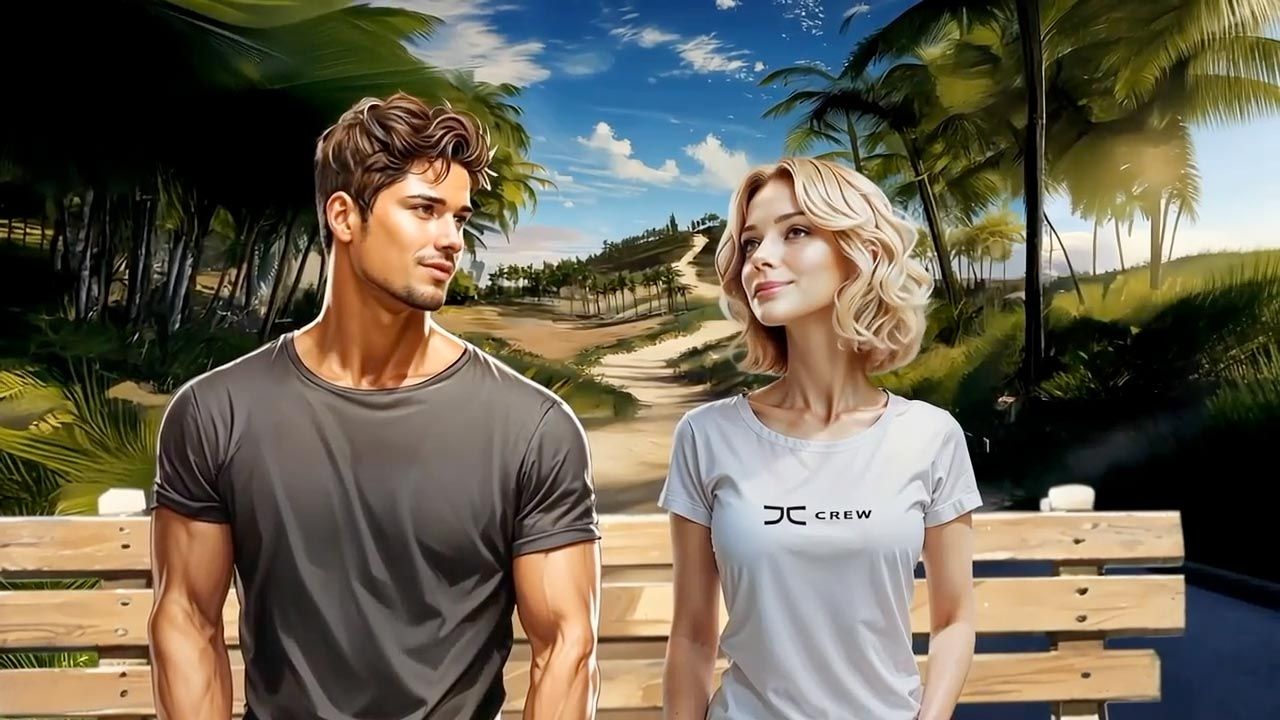 Man and woman smiling, standing on bench. Tropical setting with trees and path.