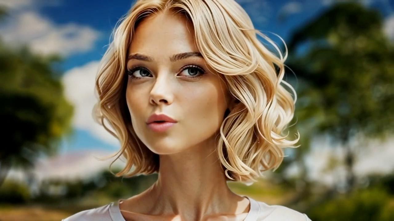 Blonde woman with short, wavy hair, looking off-camera, outdoors with blurred trees and sky.