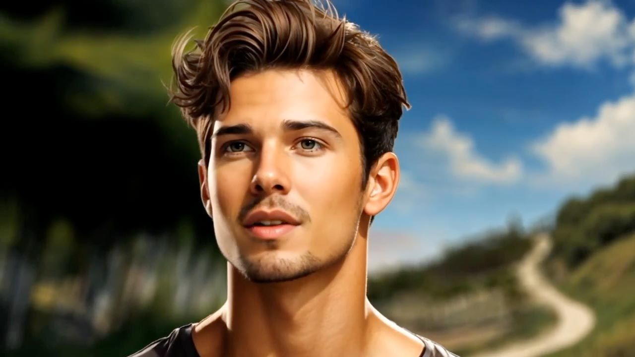 Handsome man with dark hair, outdoors. Smiling, against a blurred green and blue landscape.