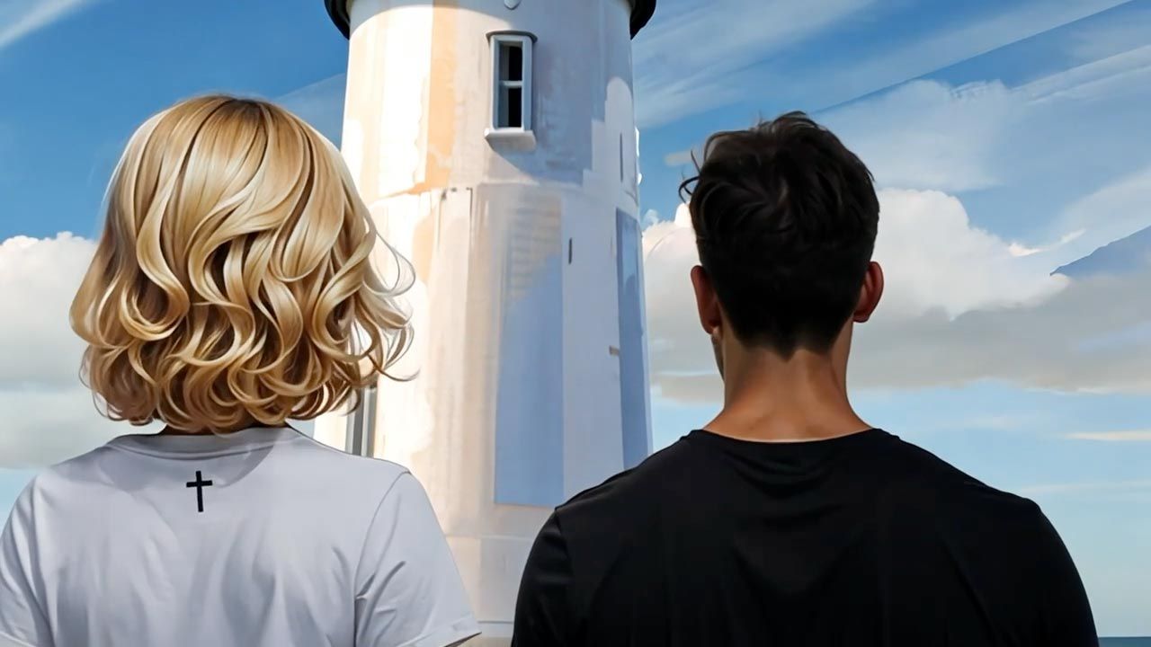 Blond woman and dark-haired man looking toward a white lighthouse under a blue sky with clouds.