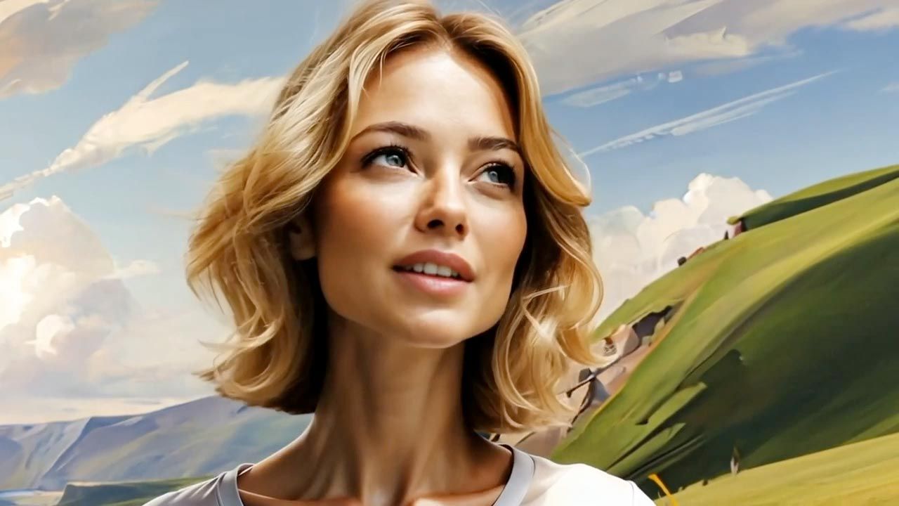 Woman with wavy blonde hair looks up, smiling, in a sunny landscape with green hills and blue sky.