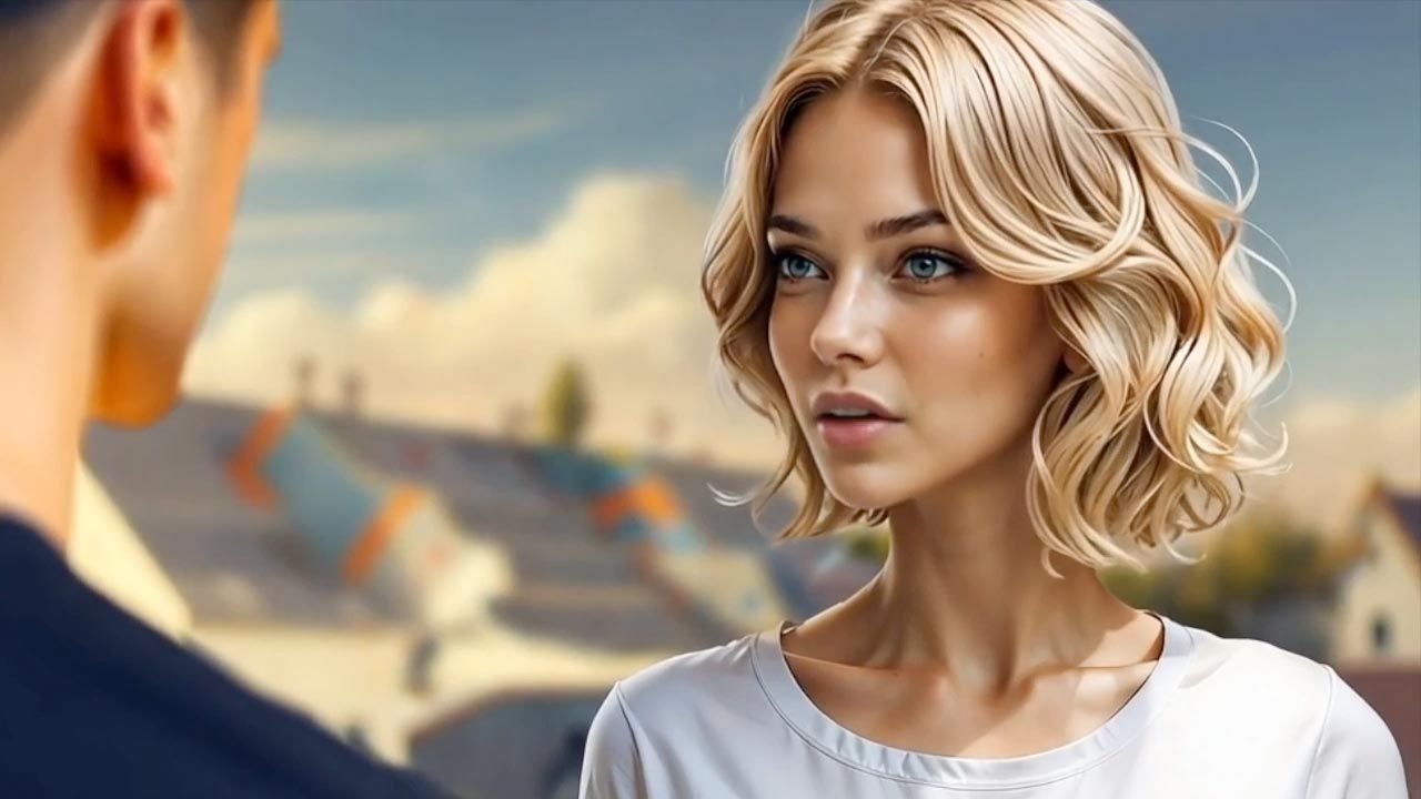 Blond woman gazes at someone off-screen, outdoors; rooftops in soft focus behind them.