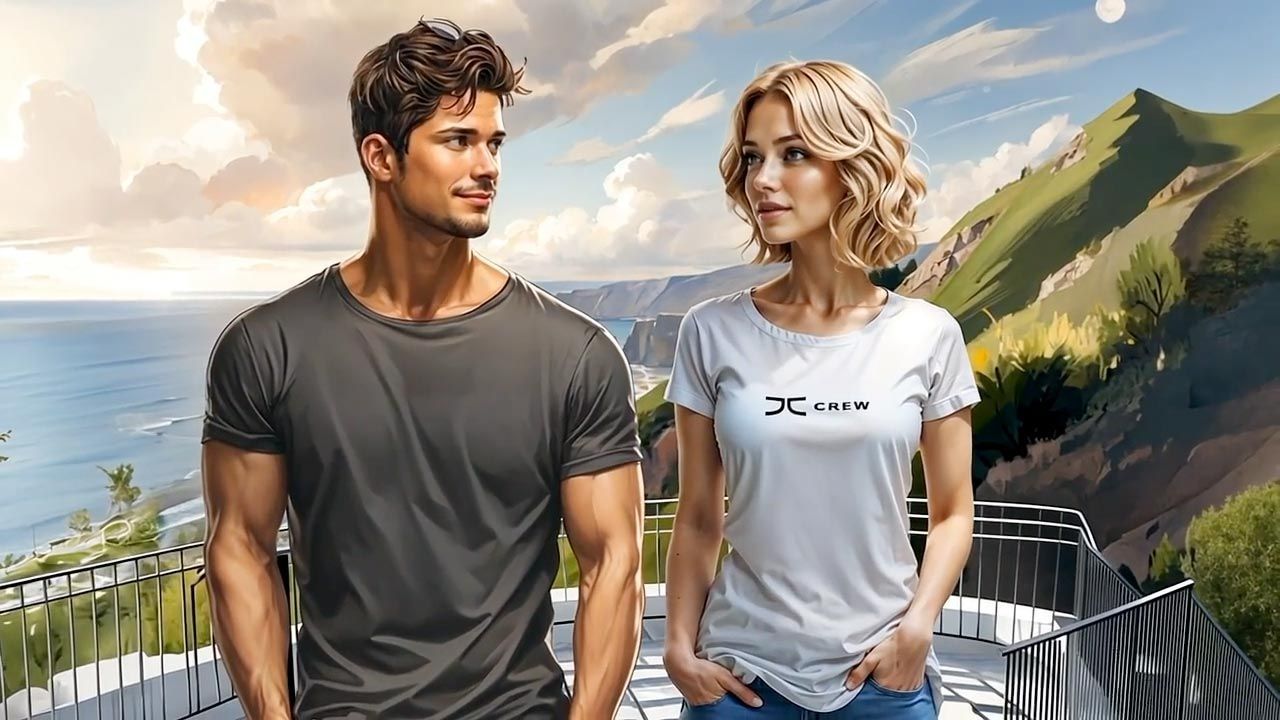 Man and woman on a balcony, looking at each other; coastal view, mountains in the background.