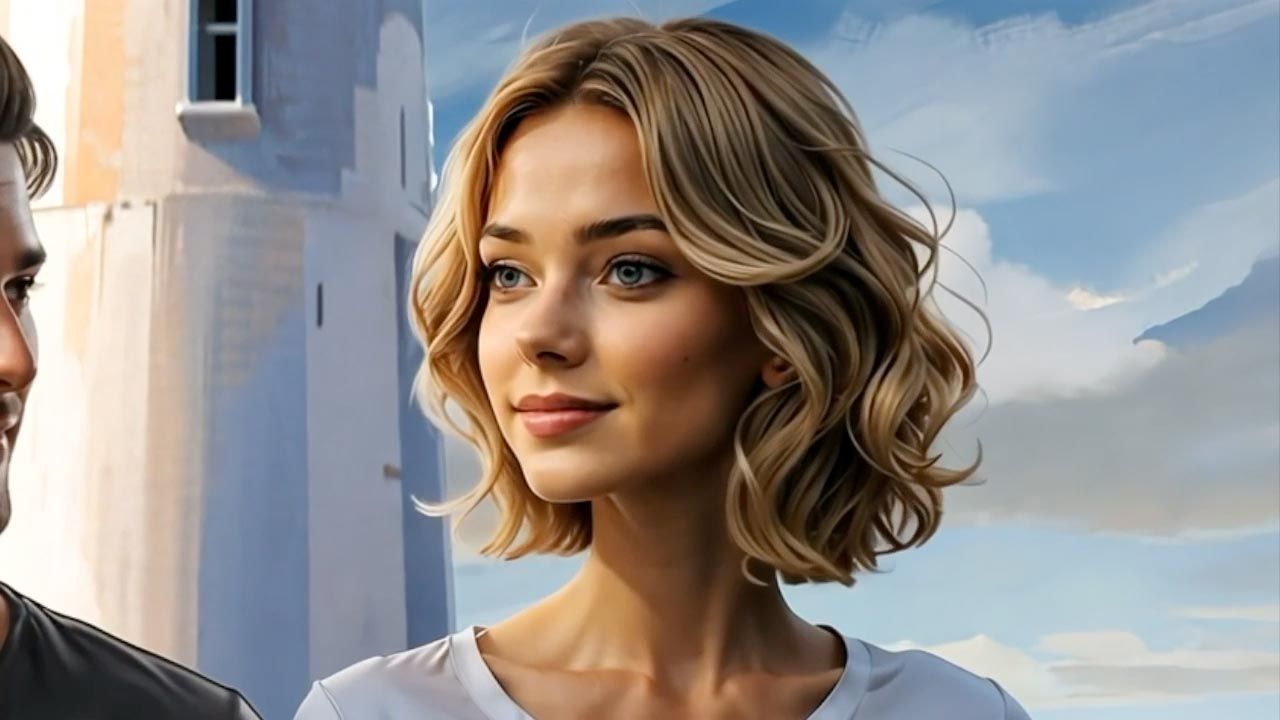 Blonde woman with wavy bob smiling outdoors; background has a lighthouse and blue sky.