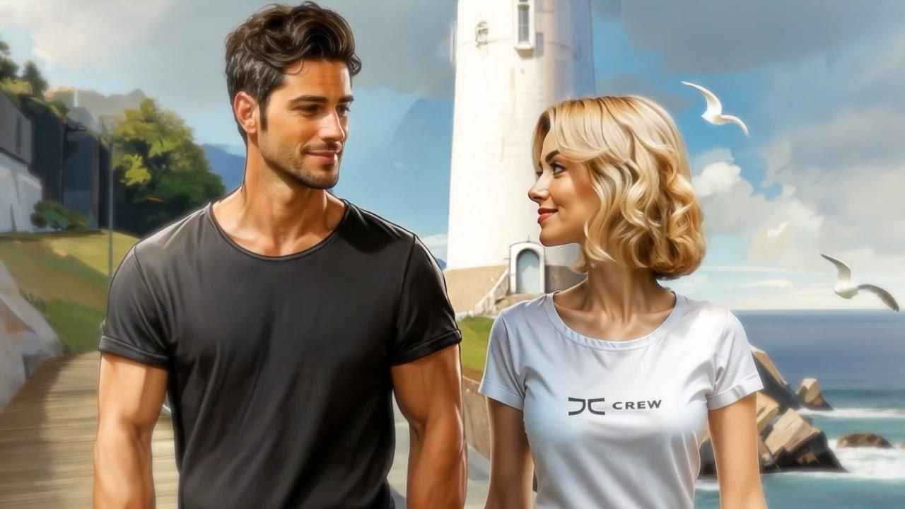 Man and woman gazing at each other on a seaside path, near a lighthouse.