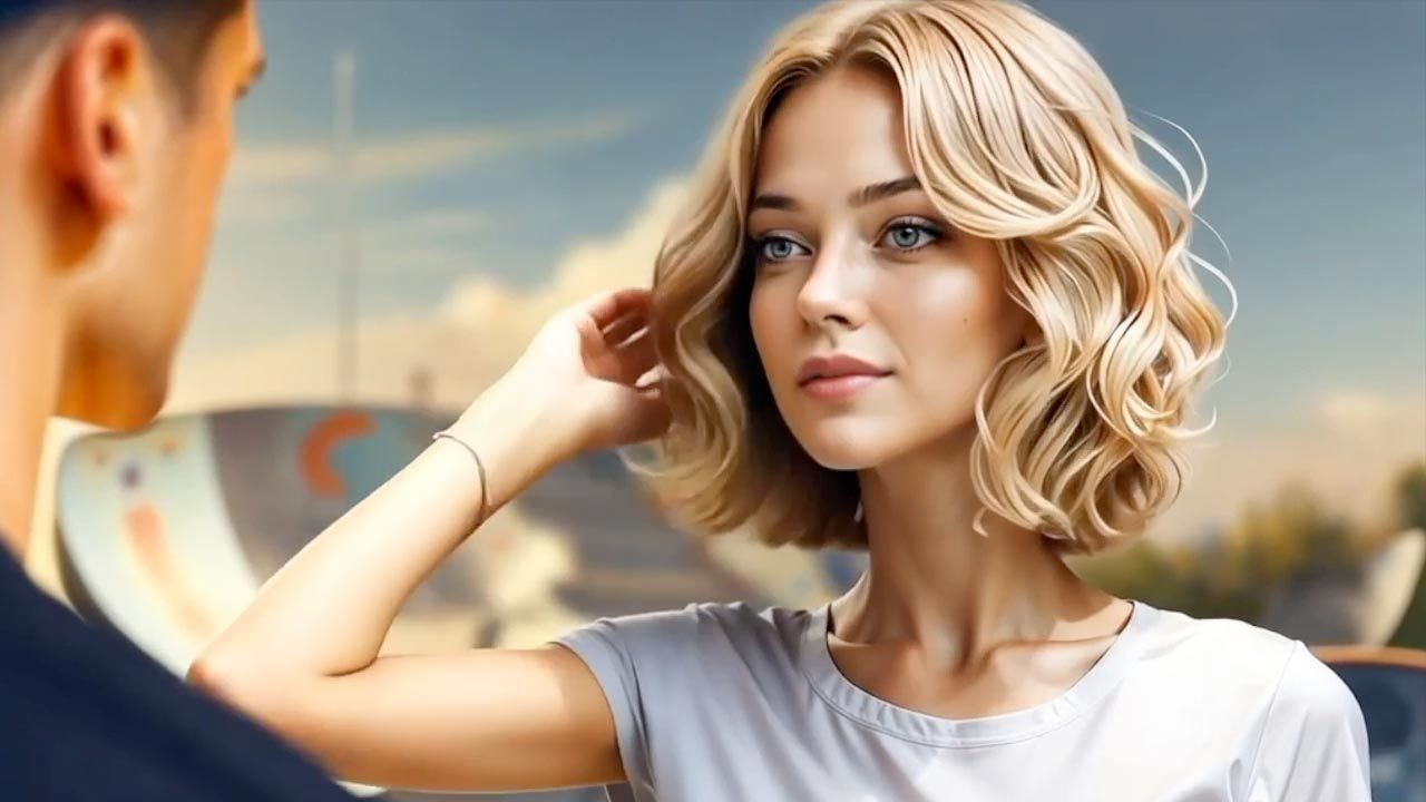 Blonde woman with curly hair looks at a man. She touches her hair. Outdoors, in front of a blurred background.