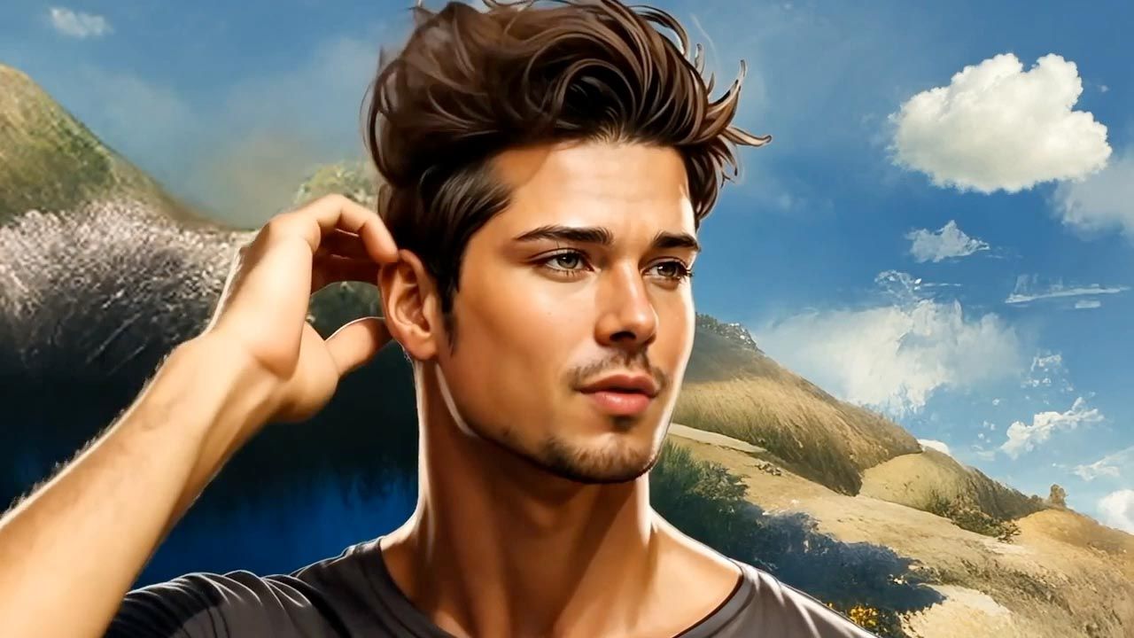 Handsome man with dark hair in a mountainous setting, scratching his ear under a blue sky with clouds.