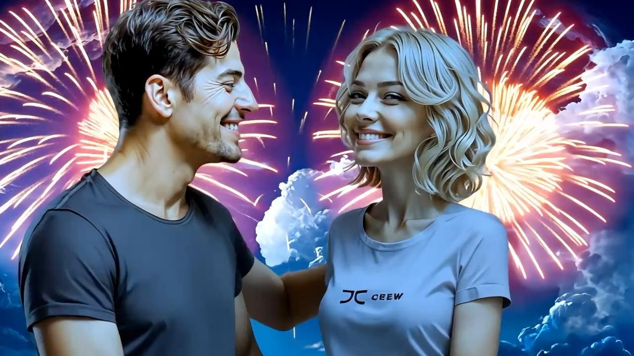 Man and woman smiling, fireworks in the background.