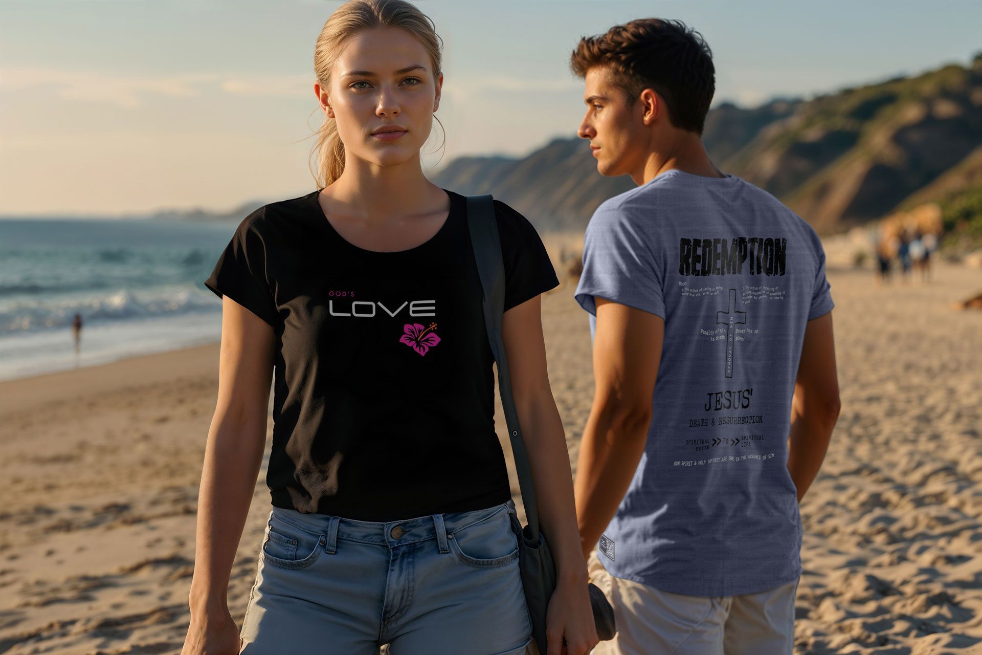 Woman in black shirt and man in blue shirt on a beach.