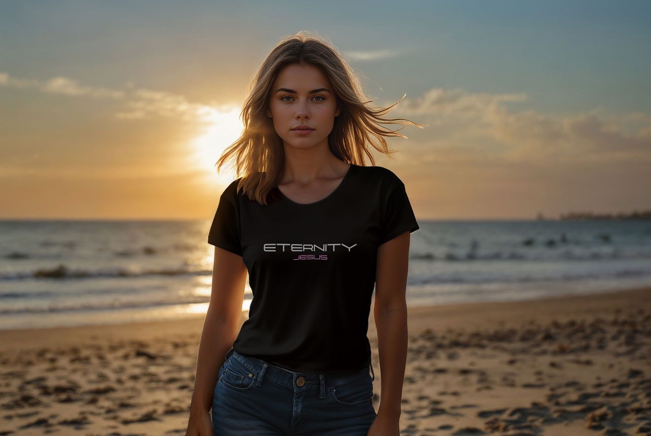 Woman wearing a black t-shirt with 