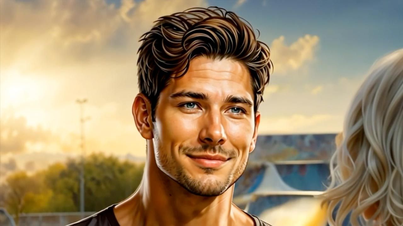 Smiling man with brown hair and blue eyes, looking at a blonde woman. Skate park background.