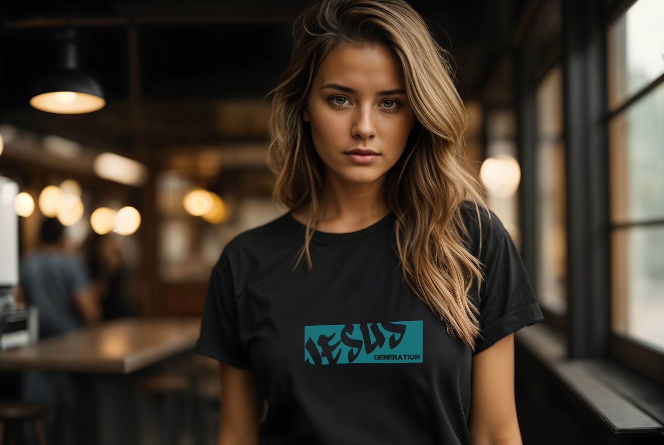 Woman in black t-shirt with teal logo, brown hair, looking at the camera in a cafe.