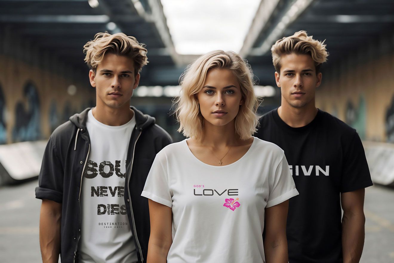 Two blond men and a blond woman standing together in an urban setting. The woman wears a white shirt with
